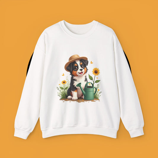 Garden Dog Crewneck Sweatshirt - Cute Puppy Gardener with Sunflowers Design | Green Thumb Gift