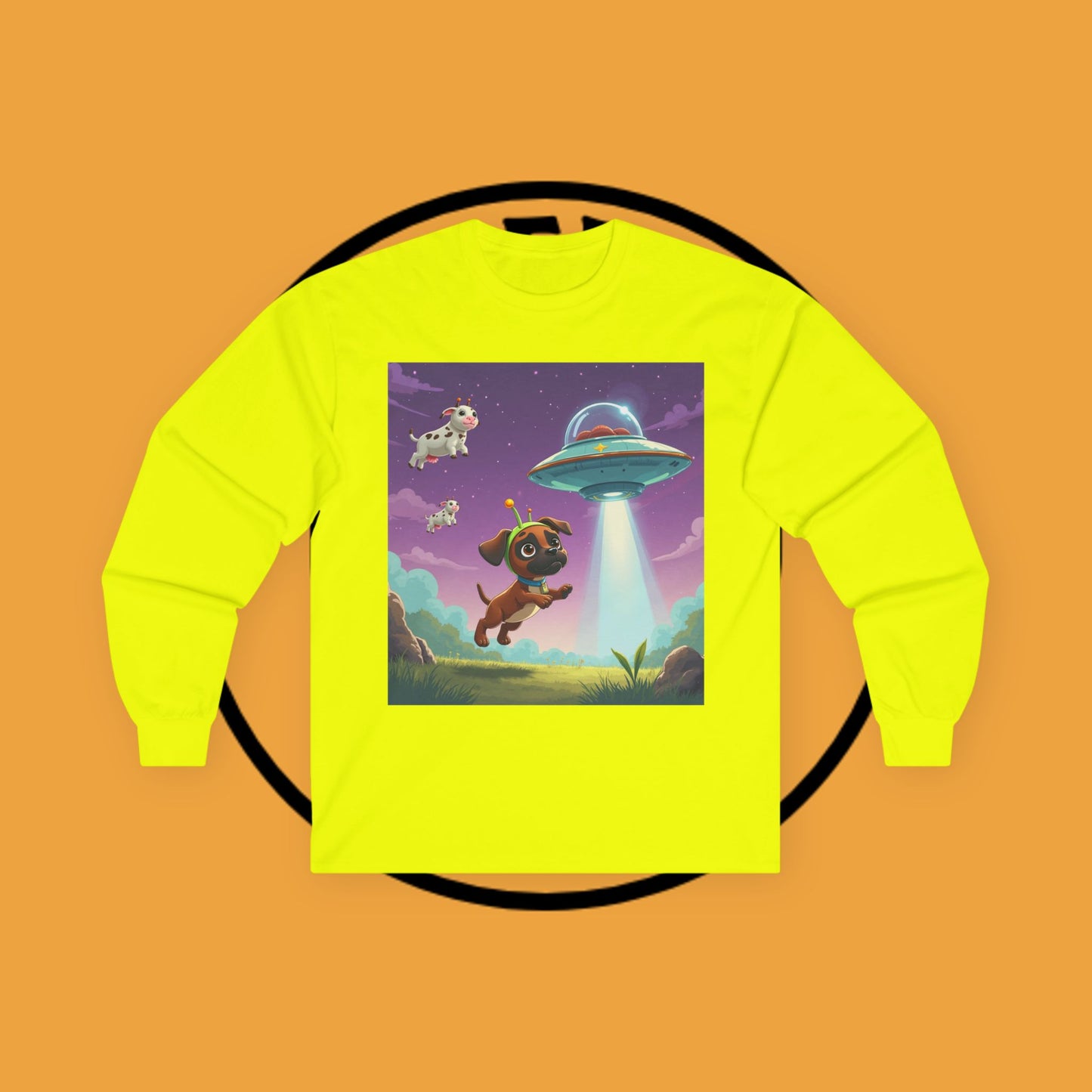 Cute Alien UFO Puppy & Flying Cow Long Sleeve Tee - Whimsical Space Adventure Shirt