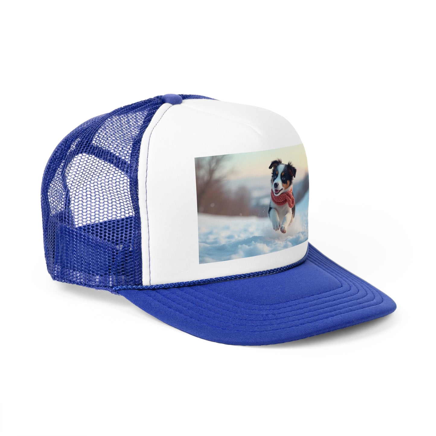 Winter Puppy Trucker Hat - Cozy Dog in Snow Cap - Adorable Scarf Puppy Baseball Hat