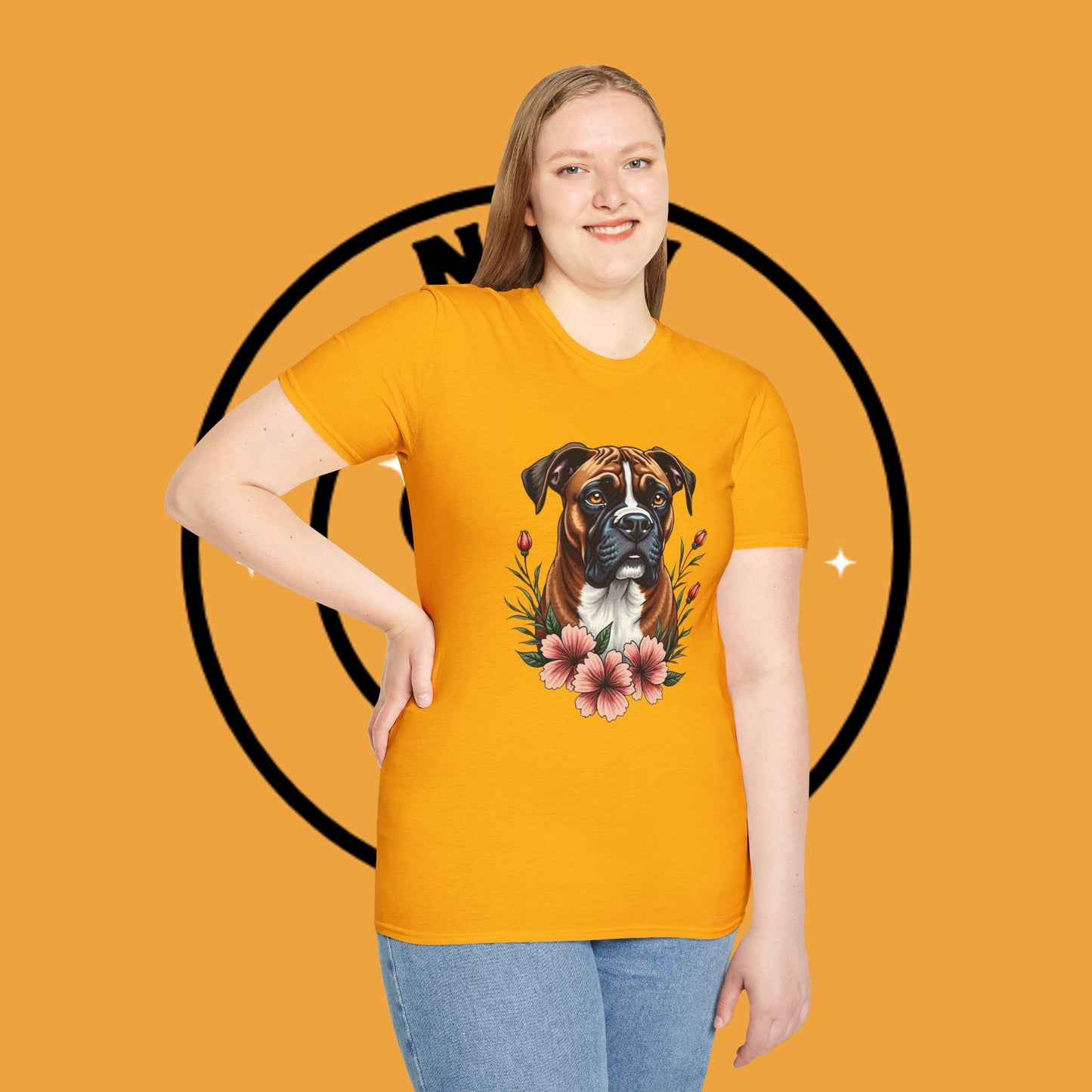 Boxer Dog Floral Portrait T-Shirt - Elegant Botanical Art Design Tee for Dog Lovers