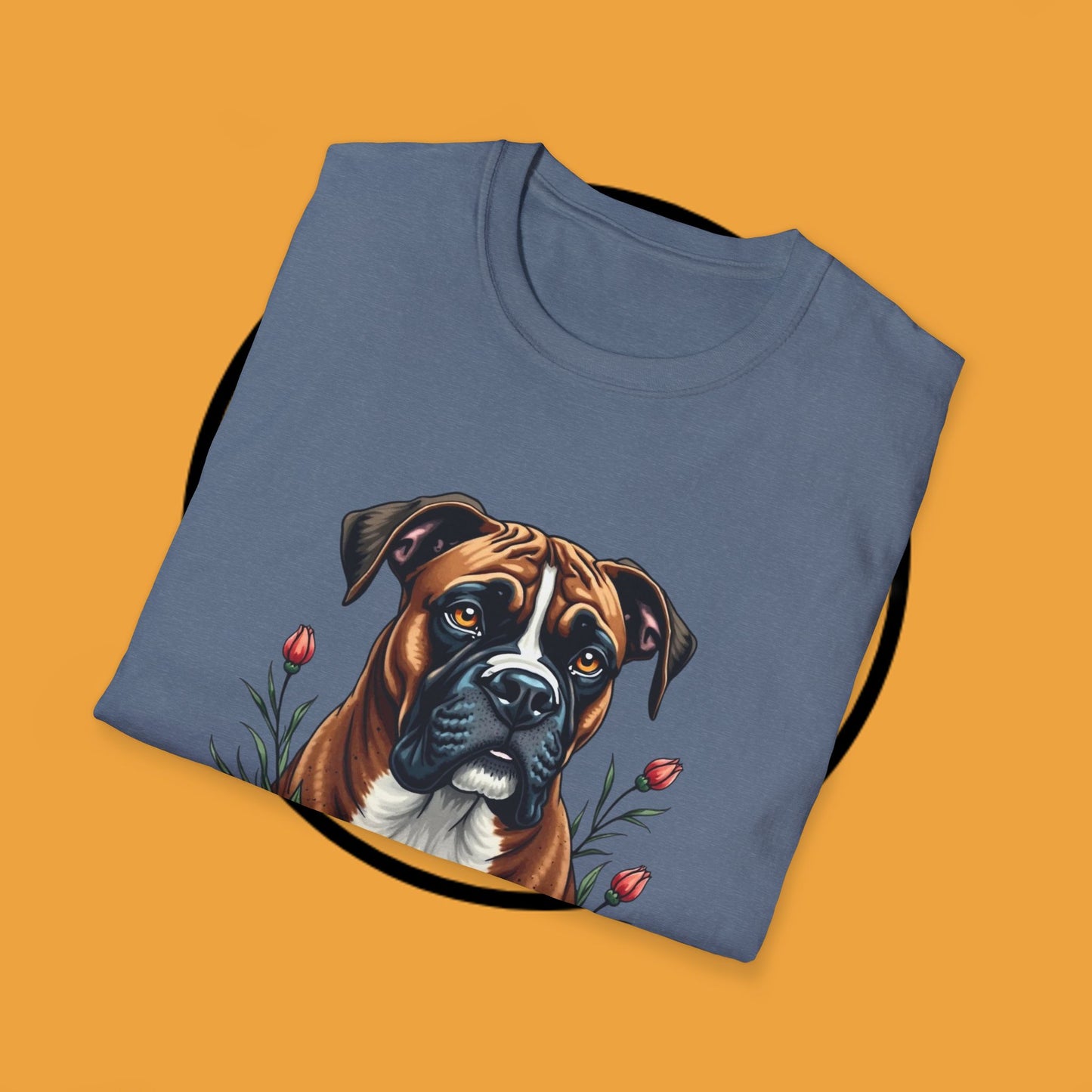 Boxer Dog Floral Portrait T-Shirt - Elegant Botanical Art Design Tee for Dog Lovers