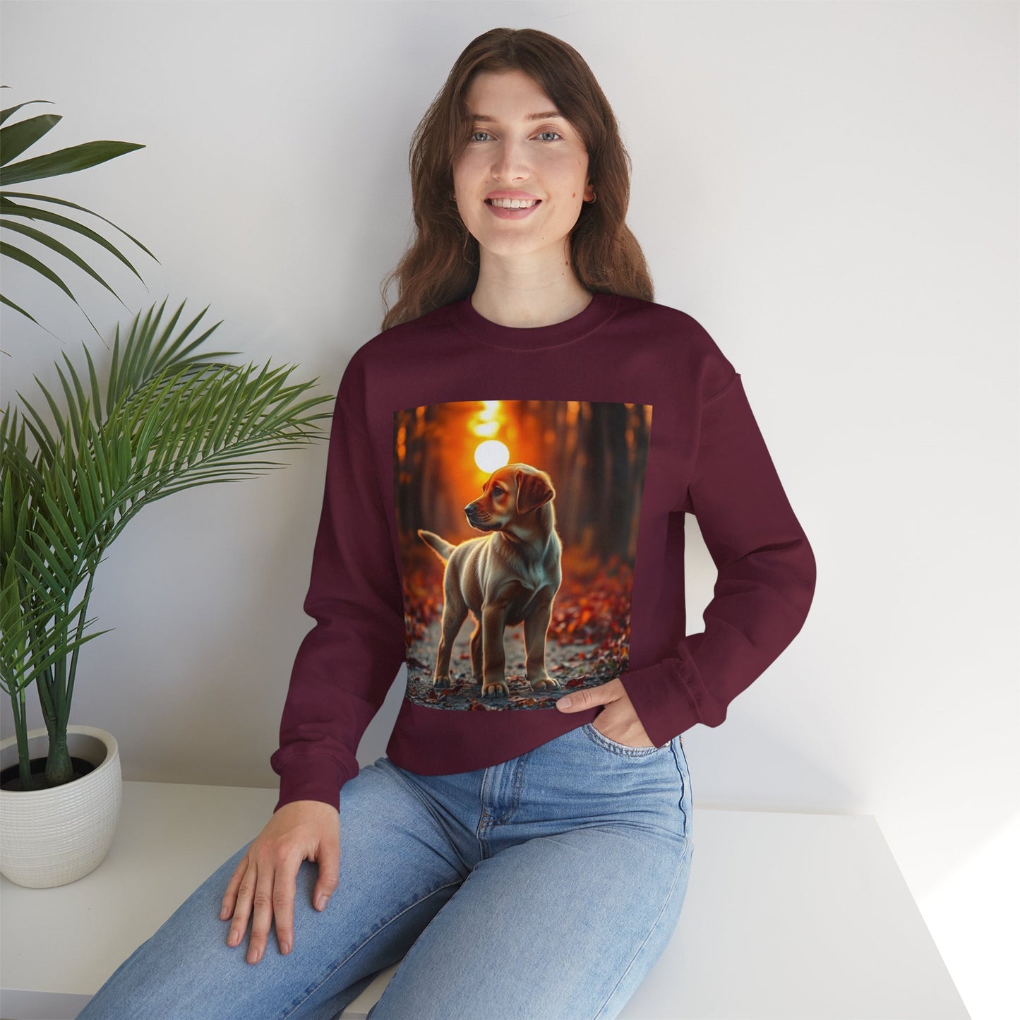 Crewneck Sweatshirt - Labrador Puppy in Autumn Forest with Golden Sunset Light Design