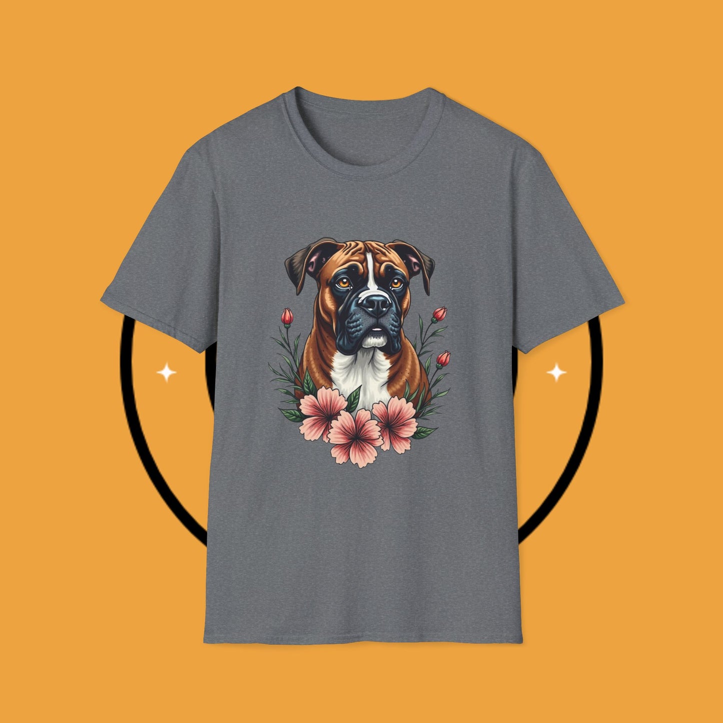 Boxer Dog Floral Portrait T-Shirt - Elegant Botanical Art Design Tee for Dog Lovers