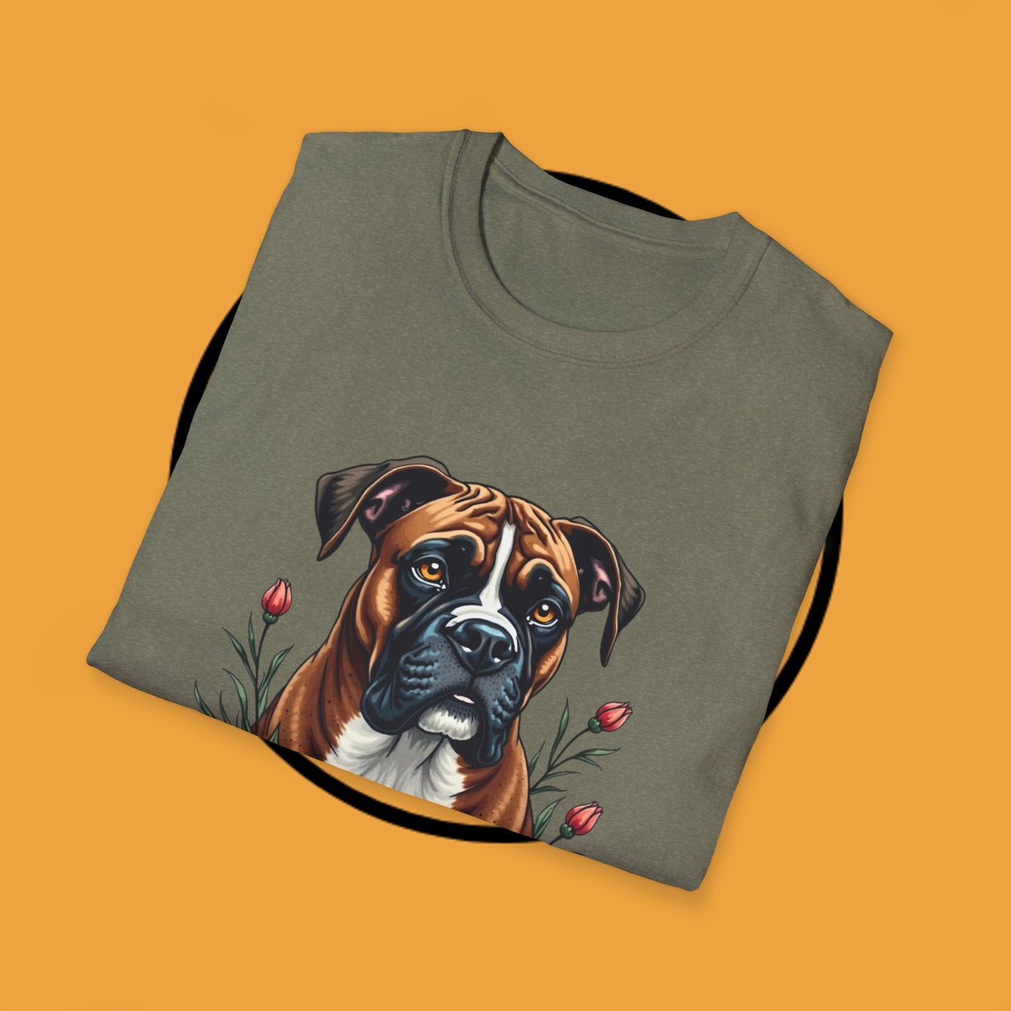 Boxer Dog Floral Portrait T-Shirt - Elegant Botanical Art Design Tee for Dog Lovers