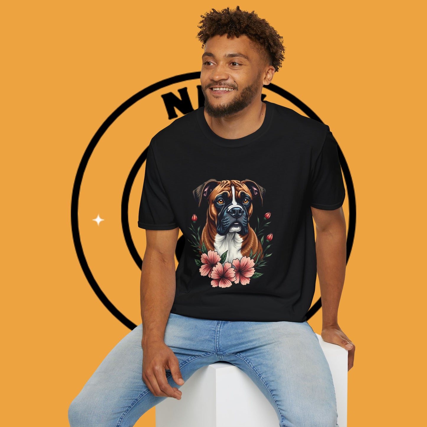Boxer Dog Floral Portrait T-Shirt - Elegant Botanical Art Design Tee for Dog Lovers