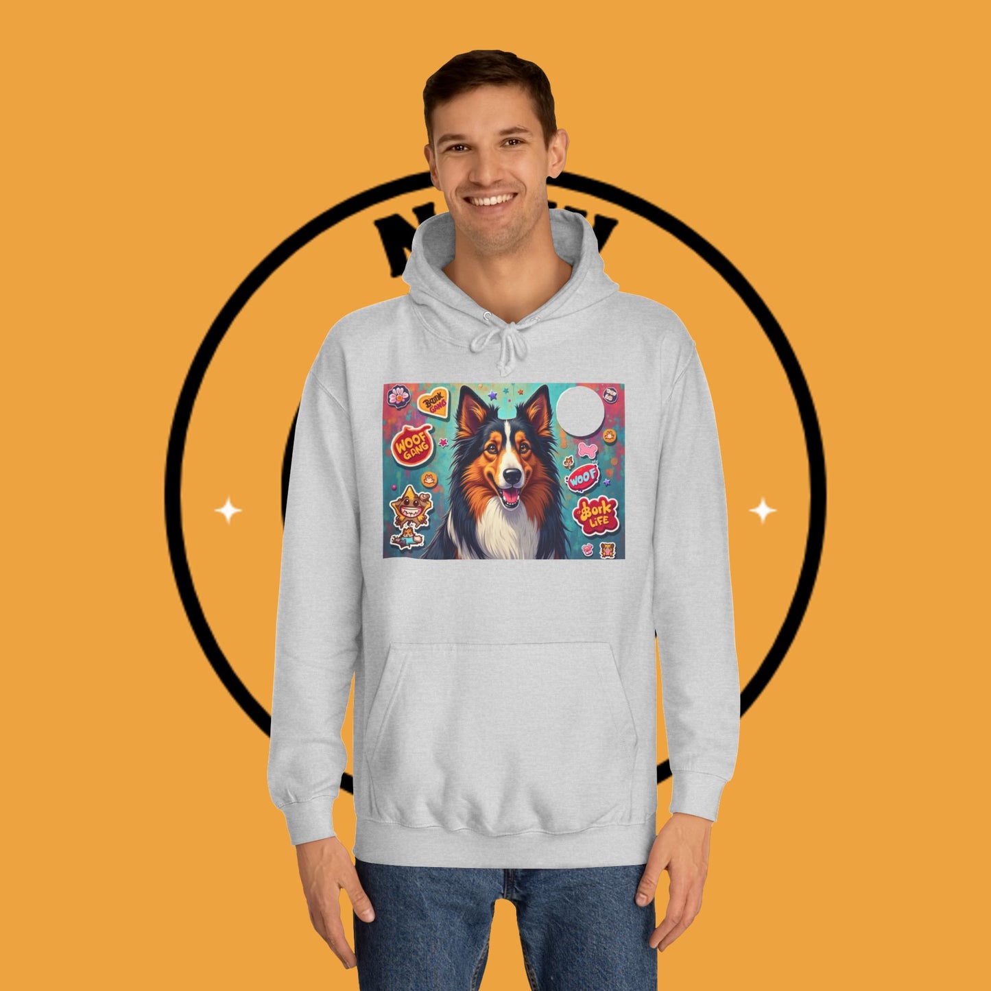 "Dog Sticker Pack Hoodie - Vibrant Collie with Fun Dog Patches Design | Millennial Pet Lover Streetwear"