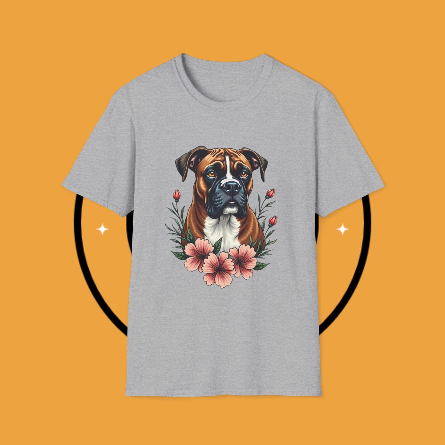 Boxer Dog Floral Portrait T-Shirt - Elegant Botanical Art Design Tee for Dog Lovers