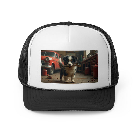 Mechanic Puppy Trucker Hat - Dog with Wrench Cap - Garage Helper Baseball Hat