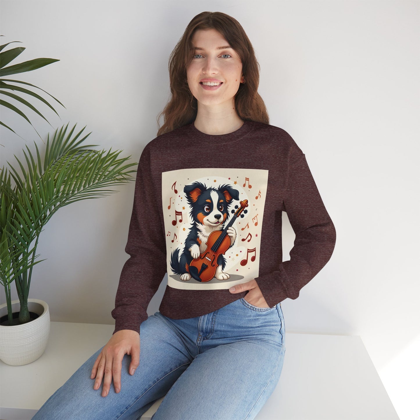 Music Dog Crewneck Sweatshirt - Cute Puppy Violinist with Musical Notes Design | Musician Gift