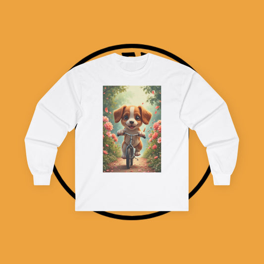 Happy Puppy Riding Bike Spring Flowers Long Sleeve Tee Gift