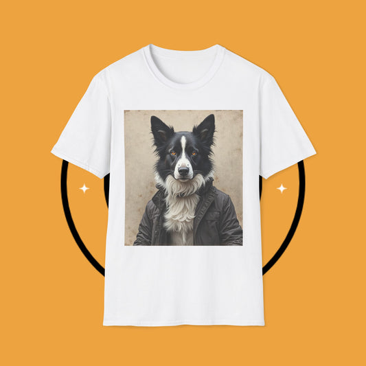 Border Collie in Leather Jacket T-Shirt - Cool Dog Portrait Design | Funny Animal Graphic Tee
