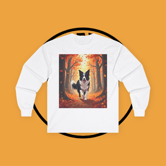 Autumn Border Collie Long Sleeve Tee - Fall Forest Dog Art Shirt | Seasonal Pet Apparel