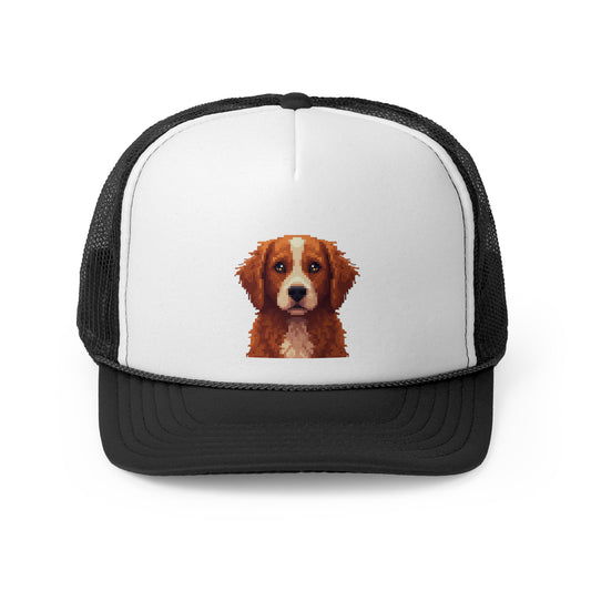 8-Bit Pixel Art Dog Trucker Hat - Retro Gaming Style Golden Retriever Cap