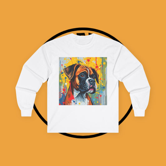 Abstract Boxer Dog Art Long Sleeve Tee - Vibrant Paint Splash Street Art Shirt