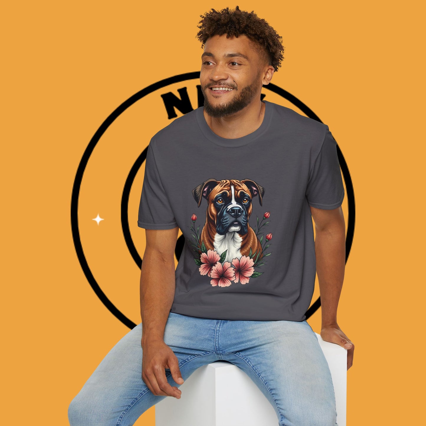 Boxer Dog Floral Portrait T-Shirt - Elegant Botanical Art Design Tee for Dog Lovers